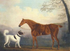 A Chestnut Horse And A Dog In A Landscape