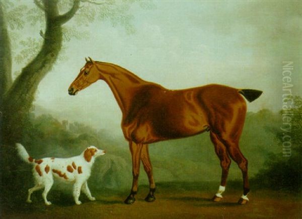 A Bay Hunter With A Spaniel In A Landscape - view 1