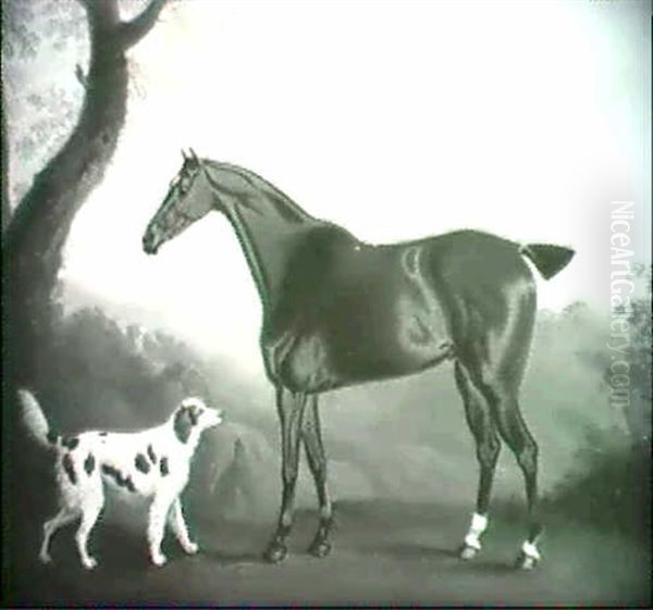 A Bay Hunter And A Spaniel In A Wooded Landscape, A Church Tower Beyond - view 1
