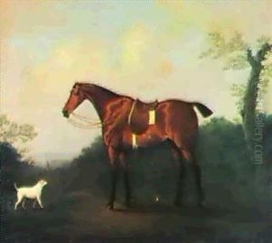 A Saddled Bay Hunter And A Dog, In An Extensive Wooded      Landscape, A Church Tower Beyond