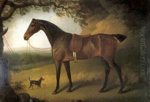 A Dark Bay Hunter Saddled Up And Tethered To A Tree, With A Terrier by Daniel Clowes