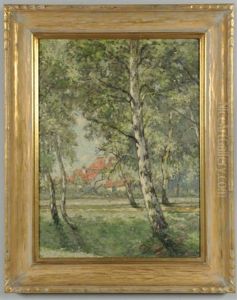 Red Roofed Home In The Background With A Country Road And Trees In The Foreground by William Clusmann