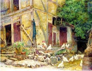 Barnyard Scene: Rooster And Gathering Of Hens by William Clusmann