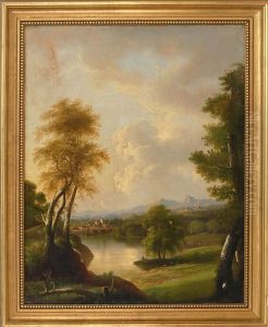 River Landscape With Bridge And Mountains In The Background by Edmund C. Coates