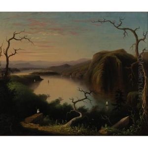 Crow's Nest From Bull Point Boy Fishing At Sunset Along The Hudson River by Edmund C. Coates