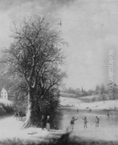 Winter Scene With Skaters On A Pond