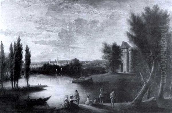 A Hunting Party With Elegant Ladies In A River Landscape - view 1