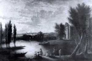 A Hunting Party With Elegant Ladies In A River Landscape A Hunting Party With Elegant Ladies In A River Landscape