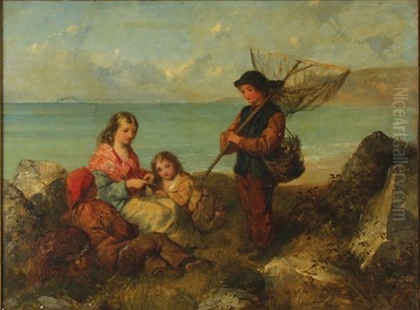 A Young Family Fishing By The Shore - view 1