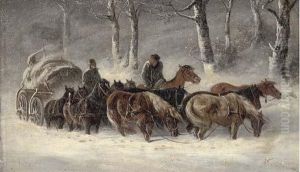 A Horse And Cart Team Struggling In The Snow
