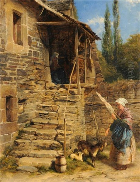 Girl Standing In A Sunlit Courtyard With A Goat And Kid At Her Feet - view 1