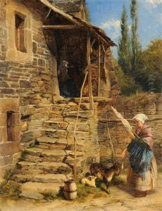 Girl Standing In A Sunlit Courtyard With A Goat And Kid At Her Feet Girl Standing In A Sunlit Courtyard With A Goat And Kid At Her Feet