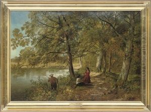 Figures Fishing On A River Bank