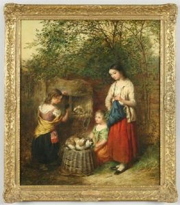 Mother And Daughters Feeding The Rabbits by Edward John Cobbett