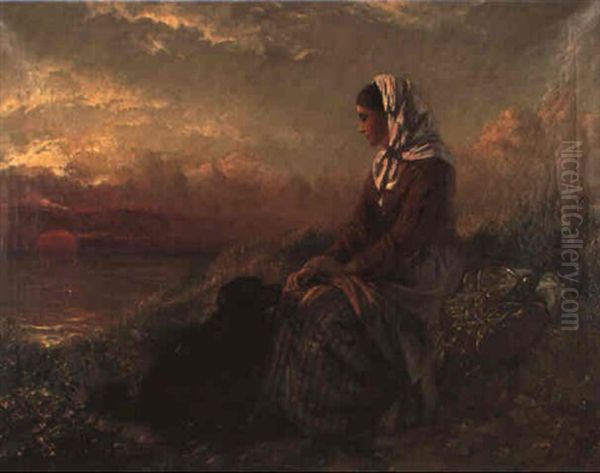 Pensive Girl With Dog Watching Sunset - view 1