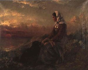Pensive Girl With Dog Watching Sunset