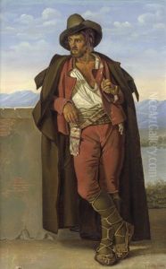 Junger Mann In Tiroler Tracht, An Einer Mauer Gelehnt Und Pfeife Rauchend by Louis Coblitz
