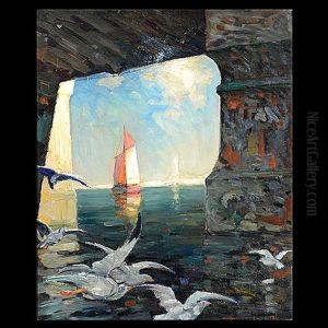 Under The Bridge; Sail Boat And Seagulls