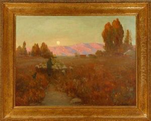 Shepherd And Flock In Sunset Landscape by Frank Coburn
