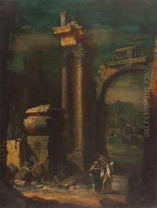 Architectural Capricio With Classical Ruins And A Sarcophagus by Leonardo Coccorante
