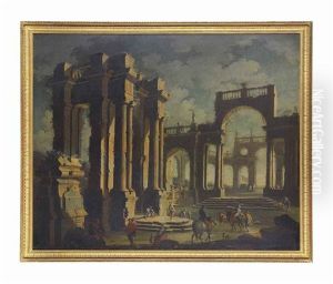 An Architectural Capriccio Of Figures Among Classical Ruins by Leonardo Coccorante