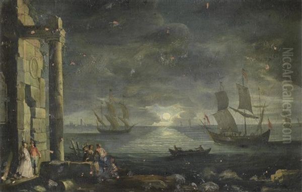 A Mediterranean Harbour At Sunset With Elegant Figures Before Ruins - view 1