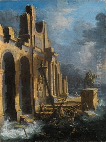 A Ship Wreck Near A Coast With Ruins In Rough Seas - view 1