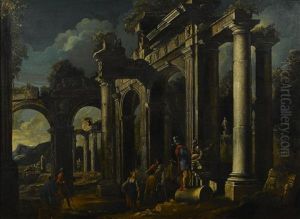 A Capriccio View With Ruins And Figures In The Foreground by Leonardo Coccorante