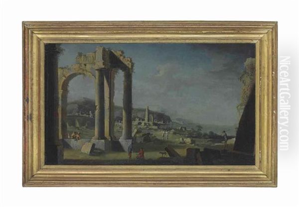 A Coastal Landscape With Figures Amongst Classical Ruins - view 1