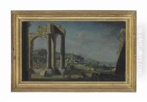 A Coastal Landscape With Figures Amongst Classical Ruins by Leonardo Coccorante