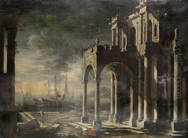A Capriccio Of A Ruined Classical Palace With Ships In A Mediterranean Harbour Beyond - view 1