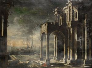 A Capriccio Of A Ruined Classical Palace With Ships In A Mediterranean Harbour Beyond by Leonardo Coccorante