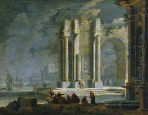 Architektonisches Capriccio Mit Triumphbogen Und Mediterranem Hafen by Leonardo Coccorante