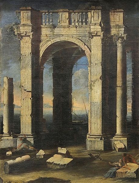 A Capriccio View With Ruins, Figures In The Foreground And The Sea Beyond - view 1