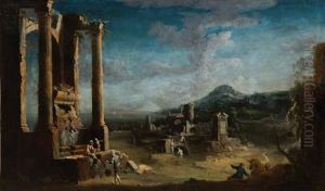 Caprice Architectural Avec Ruines Antiques Et Personnages by Leonardo Coccorante