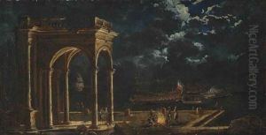 A Moonlit Architectural Capriccio On A Mediterranean Coast, Shipping Beyond by Leonardo Coccorante