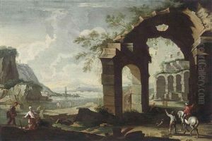 An Architectural Capriccio With Classical Ruins And Figures Conversing On A Shore by Leonardo Coccorante