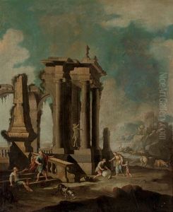A Coastal Landscape With Figures By Classical Ruins by Leonardo Coccorante