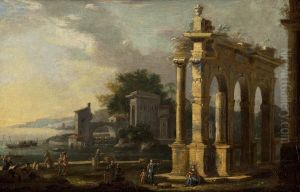 A Coastal Landscape With Figures By Classical Ruins by Leonardo Coccorante