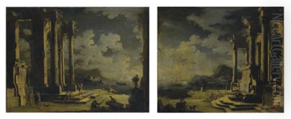 Capriccio Architettonico Con Figure (+ Capriccio Architettonico Con Figure Presso Una Fontana; 2 Works) by Leonardo Coccorante
