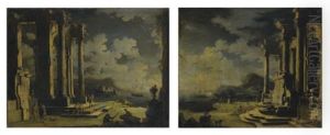 Capriccio Architettonico Con Figure (+ Capriccio Architettonico Con Figure Presso Una Fontana; 2 Works) by Leonardo Coccorante
