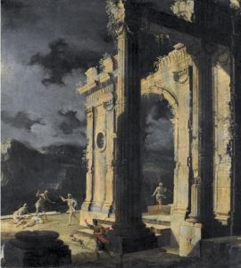 An Architectural Capriccio With Figures Amongst Ruins Under A Stormy Night Sky