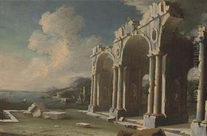 A Capriccio Of Classical Ruins By A Mediterranean Coastal Inlet