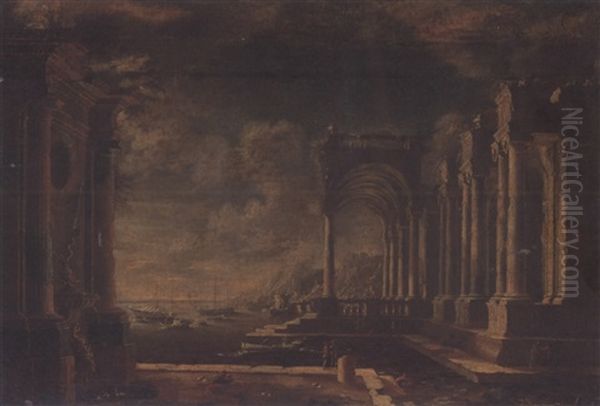 A Capriccio Of A Mediterranean Port With Classical Ruins And Shipping - view 1