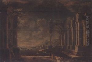 A Capriccio Of A Mediterranean Port With Classical Ruins And Shipping by Leonardo Coccorante