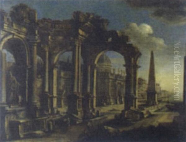 Architectural Capriccio With Figures By A Port - view 1
