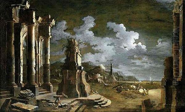 Figures Amongst Ruins In A Moonlit Mediterranean Port - view 1