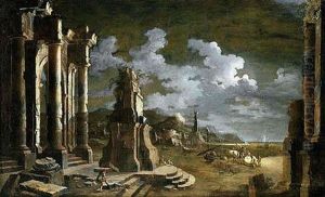 Figures Amongst Ruins In A Moonlit Mediterranean Port by Leonardo Coccorante