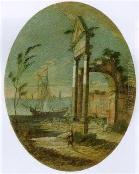 Capriccio Architettonico Con Astanti Vari Ed Uno Marina Mediterranea Sullo Sfondo - view 1