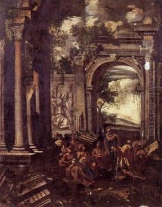 Ruines Animees Avec La Predication De Saint Pierre by Leonardo Coccorante